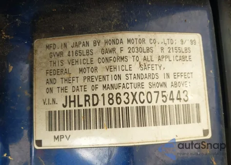1999 Honda Cr-V Ex z USA, uszkodzony, nr VIN JHLRD1863XC075443